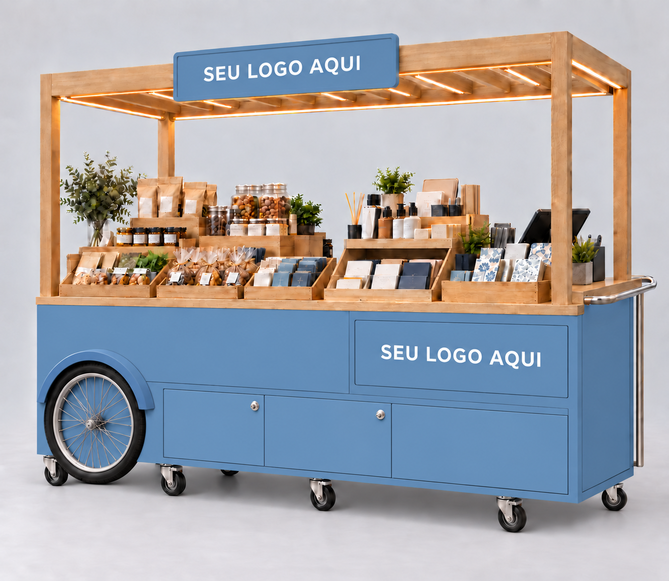 Carrinho azul e madeira clara